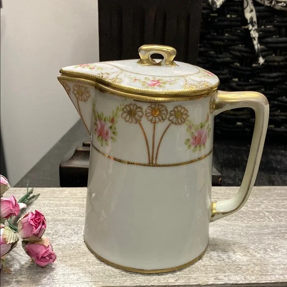 Antique Hand Painted Nippon Covered Floral Porcelain Pitcher Pot! - Picture 1 of 8